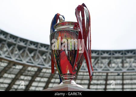 The UEFA Champions League Trophy on display ahead of the UEFA Champions League Final between Manchester United and Chelsea at the Luzhniki Stadium, Moscow, Russia. Stock Photo