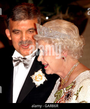 Britain's Queen Elizabeth II speaks to President Abdullah Gul in the formal receiving line at the Presidential Palace before a State Banquet in her honour on the first day of Their Royal Highnesses visit to Turkey. Stock Photo