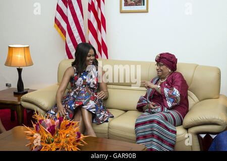 U.S First Lady Michelle Obama meets privately with Liberian President Ellen Johnson Sirleaf on arrival at Monrovia Roberts International Airport June 27, 2016 in Monrovia, Liberia. Stock Photo