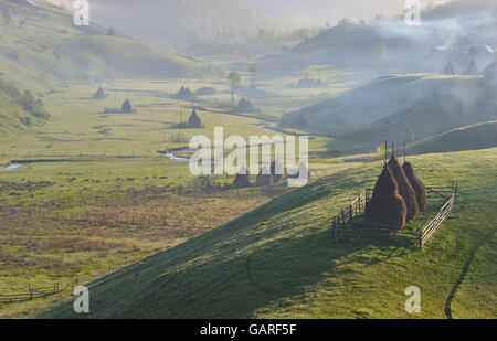 Rural landscape with house in summer sunrise light somewhere in Transylvania Romania Stock Photo