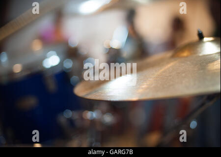 Crash and ride cymbal detail golden metal drum part selective focus Stock Photo