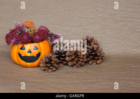 Jack-o'-lantern made from a pumpkin with pinecones. Stock Photo