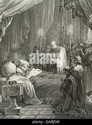 Alfonso II of Aragon and I of Catalonia, called the Chaste (1157-1196). King of the Crown of Aragon and Count of Barcelona. Death of Alfonso II. Engraving in Spain Illustrated History, 19th century Stock Photo