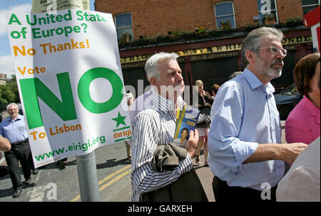 (left to right) Sinn Fein's Sean Crowe and Gerry Adams canvas for a No vote before the Lisbon treaty referendum in Dublin city centre. Stock Photo