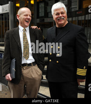 Anti-whaling activist Martin Wyness, left, after losing his court case at Westminster Magistrates Court, London today with the founder and Captain of the protest vessel Sea Shepherd, Paul Watson, who supported Mr Wyness. Stock Photo