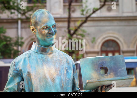 Bucharest, Romania - June 10, 2016:  Steve Jobs living statue at B-FIT in the Street. Stock Photo