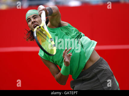 Spain's Rafael Nadal in action against Sweden's Jonas Bjorkman during the Artois Championships at The Queen's Club, London. Stock Photo