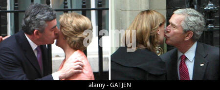 Britain's Prime Minister Gordon Brown kisses Laura Bush (left) while US President George W Bush greets Sarah Brown outside number 10 Downing Street, London. Stock Photo