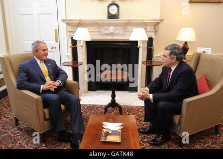 US President George Bush with Prime Minister Gordon Brown inside 10 Downing Street. The two leaders are likely to be discussing Iraq, Afghanistan and soaring world oil prices today. Stock Photo