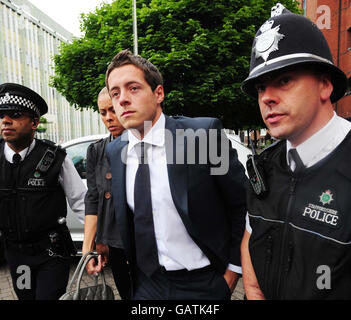 Plymouth Argyle goalkeeper Luke McCormick arrives at Stoke Crown Court where he faces charges of causing death by dangerous driving following a crash on the M6 in Staffordshire in which two young brothers were killed. Stock Photo