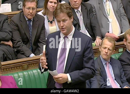 Liberal Democrat party leader Nick Clegg during Prime Minister's Questions at the House of Commons, London. Stock Photo
