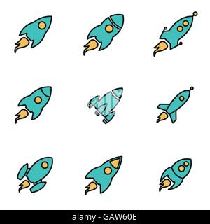 Trendy flat line icon pack for designers and developers. Vector line rocket icon set Stock Vector