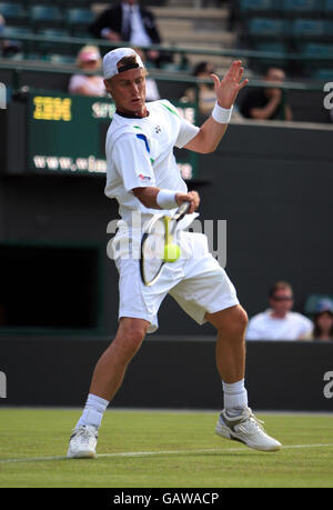 Australia's Lleyton Hewitt in action during the Wimbledon Championships 2008 at the All England Tennis Club in Wimbledon. Stock Photo