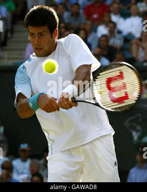 Tennis - Wimbledon Championships 2008 - Day One - The All England Club. Serbia's Novak Djokovic in action during the Wimbledon Championships 2008 at the All England Tennis Club in Wimbledon. Stock Photo