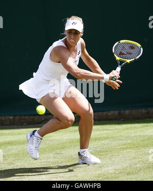 Russia's Elena Dementieva in action during The Wimbledon Championships at The All England Lawn Tennis Club, Wimbledon, London. Stock Photo