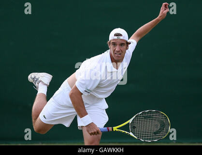 France's Richard Gasquet in action against France's Sebastien Grosjean during the Wimbledon Championships 2008 at the All England Tennis Club in Wimbledon. Stock Photo