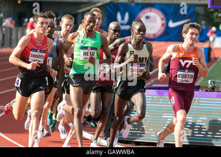 Eugene, USA. 4th July, 2016. Thomas Curtin, Paul Chelimo, Hassan Mead, and Brian Shrader lead the pack midway through in the 1st round of the Men's 5000m at the 2016 USATF Olympic Trials at Historic Hayward Field in Eugene, Oregon, USA. Credit:  Joshua Rainey/Alamy Live News. Stock Photo
