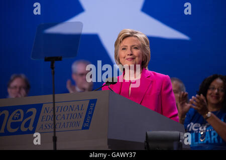 Washington DC, USA. 5th July, 2016. On Tuesday, July 5, at the Walter E. Washington Convention Center, Secretary Hillary Clinton, the presumptive Democratic Presidential Nominee, addressed more than 7,500 delegates at the National Education Association’s (NEA) 95th Representative Assembly (RA). In October, NEA educators recommended Secretary Clinton in the Democratic Primary. Credit:  Cheriss May/Alamy Live News Stock Photo