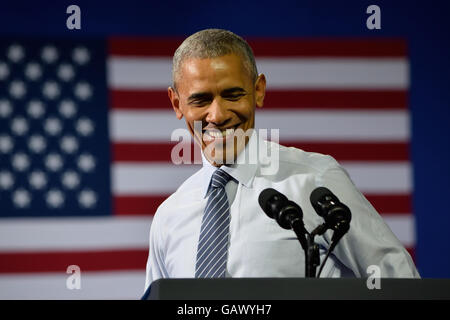 Charlotte, NC, USA. 5th July, 2016. A portrait of US President Barack Obama smiles as he delivers a speech at a campaign rally at the Charlotte Convention Center. Credit:  Evan El-Amin/Alamy Live News Stock Photo