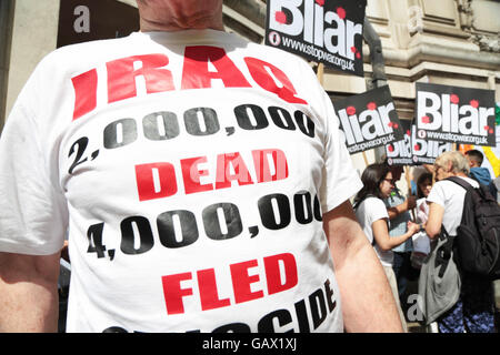 London, UK. 06th July, 2016. Demonstrators protest outside QEII Centre in London, as they wait to hear the outcome of the Iraq Inquiry. Credit:  Thabo Jaiyesimi/Alamy Live News Stock Photo