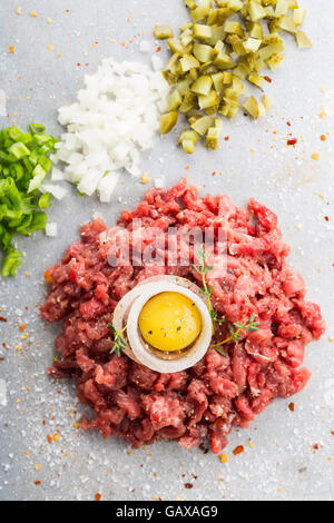 Close up of a raw beef tartar shot from above Stock Photo