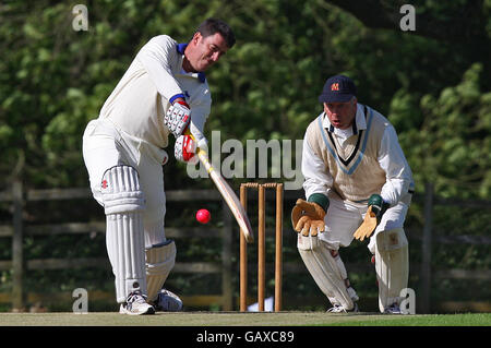 Fromer cricket player Darren Bicknell (left) during a charity match between the Duke of Rutland XI and the Sir Richard Hadlee XI, at Belvoir Cricket Club. Stock Photo