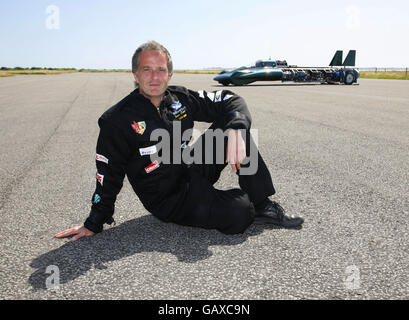 Test driver Don Wales, grandson of Sir Malcolm Campbell, sits in front of the British-built steam car, unveiled to the public for the first time at Thorney Island, near Portsmouth. Stock Photo