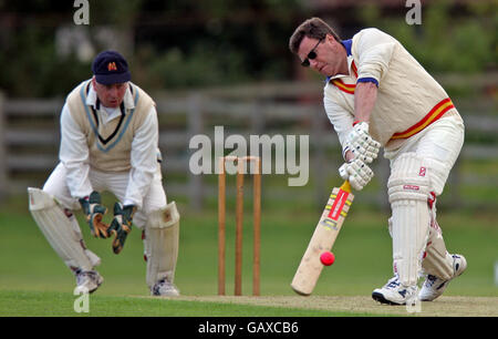 Former England Rugby player Simon Halliday (right) during a charity match between the Duke of Rutland XI and the Sir Richard Hadlee XI, at Belvoir Cricket Club. Stock Photo