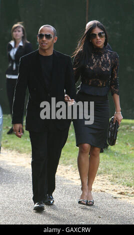 Lewis Hamilton and his girlfriend Nicole Scherzinger arrive at a dinner in honour of Nelson Mandela's 90th birthday, in Hyde park, central London. Stock Photo