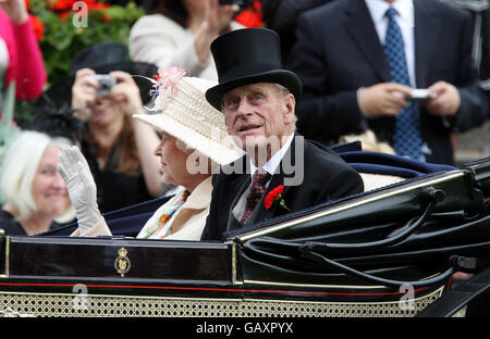 Great Britain's Queen Elizabeth II and the Duke of Edinburgh arrive at Ascot Racecourse, Berkshire. Stock Photo