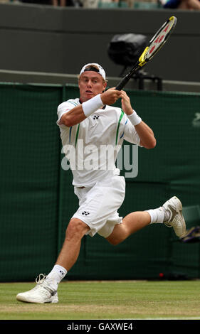 Australia's Lleyton Hewitt in action against Italy's Simone Bolelli during the Wimbledon Championships 2008 at the All England Tennis Club in Wimbledon. Stock Photo