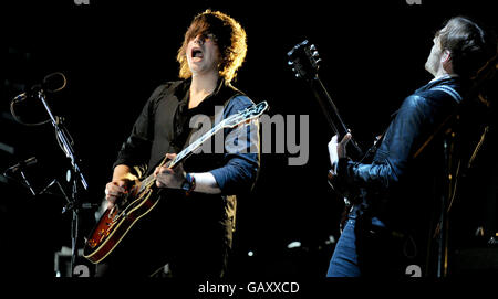 The Kings of Leon headline the Pyramid Stage during day one of the Glastonbury Festival, Somerset. Stock Photo