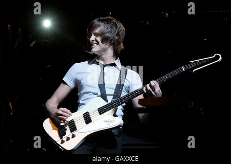 The Kings of Leon headline the Pyramid Stage during day one of the Glastonbury Festival, Somerset. Stock Photo