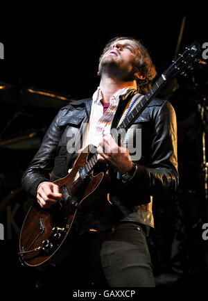 The Kings of Leon headline the Pyramid Stage during day one of the Glastonbury Festival, Somerset. Stock Photo