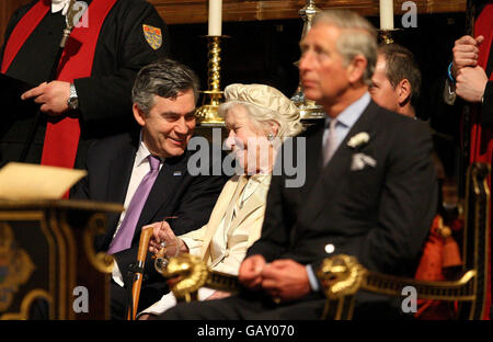 Britain's Prime Minister Gordon Brown, speaks to Elizabeth Farrelly OBE, Governor of the Royal London Hospital from 1948-1954, during a service at Westminster Abbey, London, to mark the 60th anniversary of the National Health Service. (shown in foreground is the Prince of Wales). Stock Photo