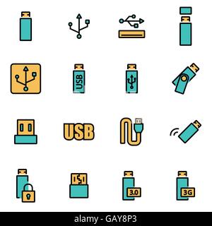 Trendy flat line icon pack for designers and developers. Vector line usb icon set Stock Vector