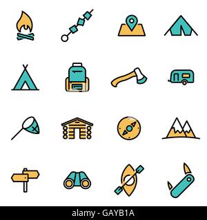 Trendy flat line icon pack for designers and developers. Vector line camping icon set Stock Vector