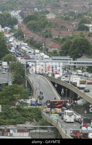 Lorries block the A40 Westway in protest at the price of fuel duty. Stock Photo