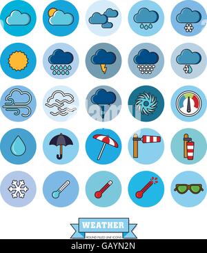 Collection of weather and climate related filled line vector icons in blue circles Stock Vector