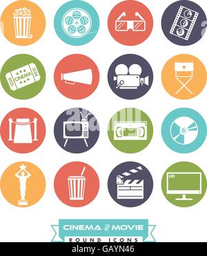Collection of 16 cinema and movie related vector icons, negative in colored circles Stock Vector