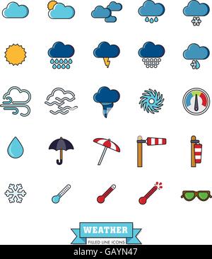 Collection of weather and climate related filled line vector icons Stock Vector