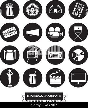 Collection of 16 cinema and movie related vector icons, negative in black circles Stock Vector