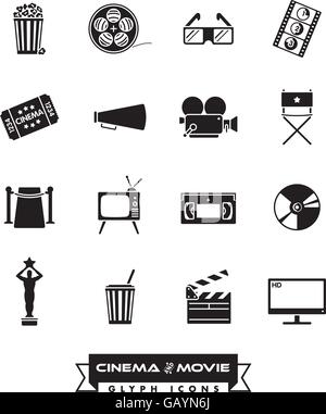 Collection of 16 cinema and movie related glyph icons Stock Vector