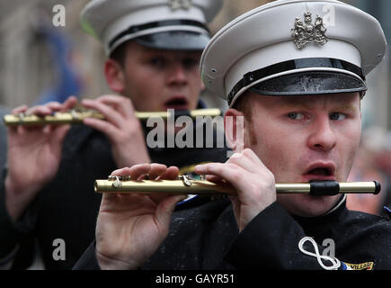 Bands guide the annual Orange march through Glasgow city centre. Stock Photo