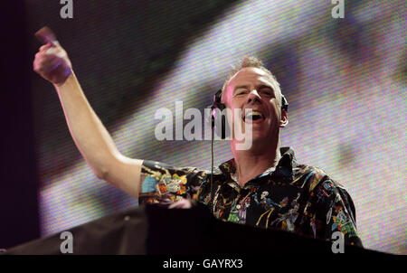 Fatboy Slim (aka Norman Cook) performs on the Main Stage during the third day of the O2 Wireless Festival in Hyde Park, London. Stock Photo