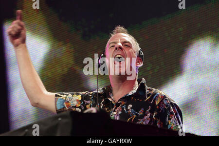 Fatboy Slim (aka Norman Cook) performs on the Main Stage during the third day of the O2 Wireless Festival in Hyde Park, London. Stock Photo