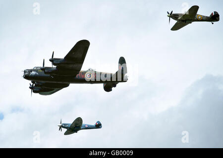 The Battle of Britain memorial flight join the flypast at RAF Fairford for the opening of the Royal International Air Tattoo. Stock Photo
