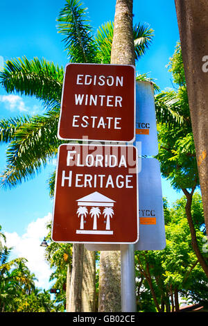 Brown and white Florida Heritage sign outside the Edison & Ford Winter Estates in Fort Myers, FL Stock Photo