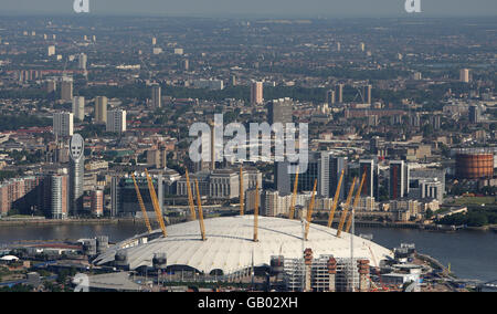 London aerial stock. Aerial photo of the O2 Arena, formerly known as the Millennium Dome, on the River Thames, London. Stock Photo