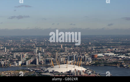 Buildings and Landmarks - The O2 Arena - London. Aerial photo of the O2 Arena, formerly known as the Millennium Dome, on the River Thames, London. Stock Photo